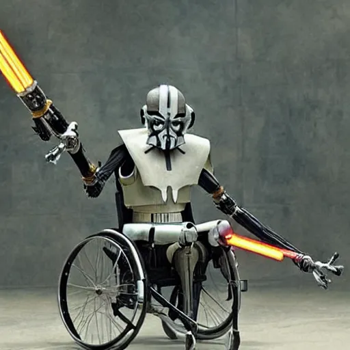 Prompt: General Grievous in a wheelchair with 4 lightsabers, photo from star wars the prequel,
