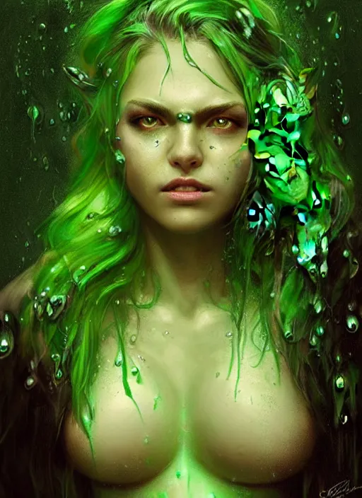 Image similar to epic portrait cinematic shot an frog goddess, wet green flowing hair, green glowing eyes, green lips, sweaty skin, green robes, fine details. night setting. realistic shaded lighting poster by craig mullism, artgerm, jeremy lipkin and michael garmash, unreal engine, radiant light, detailed and intricate environment, digital art, trending on art station,