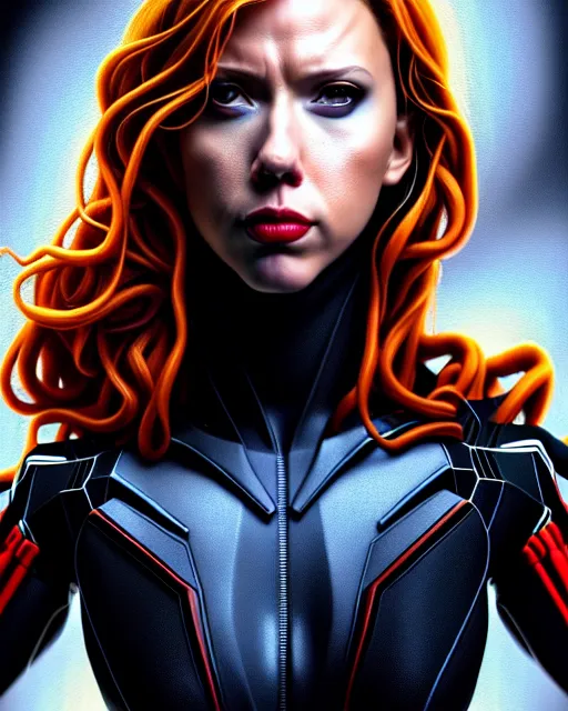 Image similar to hyperrealistic mixed media painting of Black Widow, marvel, heroic pose, stunning 3d render inspired art by P. Craig Russell and Barry Windsor-Smith + perfect facial symmetry + dim volumetric lighting, 8k octane beautifully detailed render, post-processing, extremely hyperdetailed, intricate, epic composition, grim yet sparkling atmosphere, cinematic lighting + masterpiece, trending on artstation, very very detailed, masterpiece, stunning