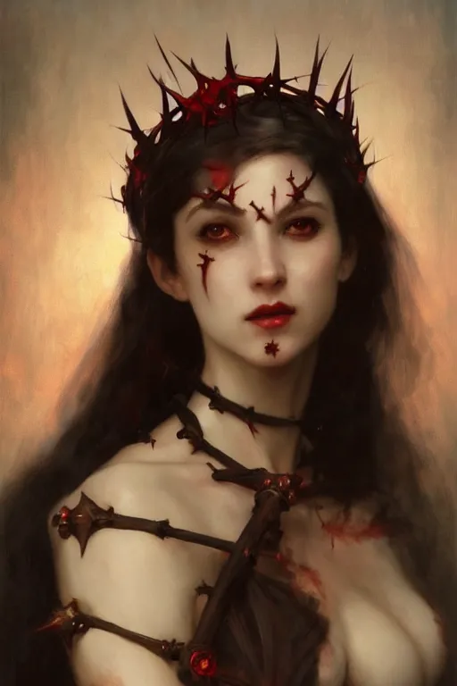 Prompt: Portrait of beautiful pale laughing succubus maiden with crown of thorns and glowing red eyes, steampunc, digital art from artstation by Ruan Jia and Mandy Jurgens and Artgerm and william-adolphe bouguereau