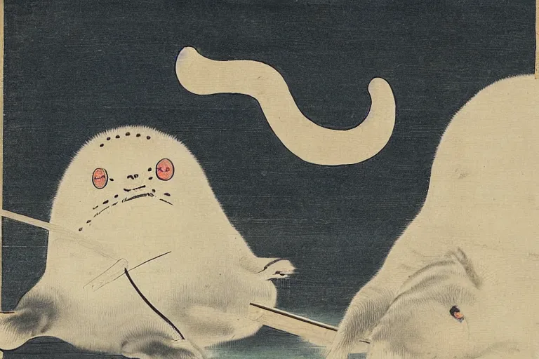 Image similar to baby harp seal as oni, Japanese painting, 1800