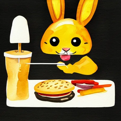 Image similar to a rabbit cooking a cheeseburger inside a small cozy kitchen, watercolour