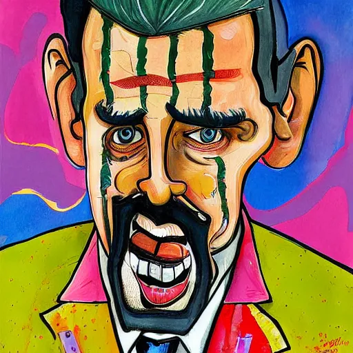 Image similar to a detailed painting jim carrey as borat by gerald scarfe and ralph steadman