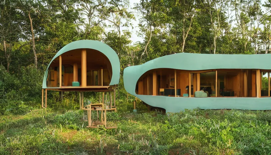 Prompt: A wide image of an eco-community neighborhood of innovative contemporary 3D printed prefab sea ranch style cabins with rounded corners and angles, beveled edges, made of cement and concrete, organic architecture, in a lush green eco community, Designed by Gucci and Wes Anderson, golden hour