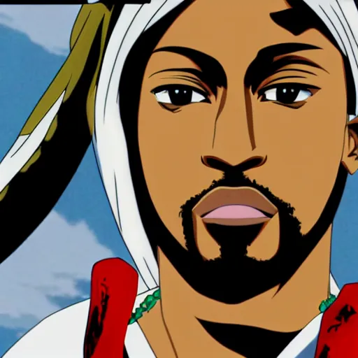 Image similar to Tupac Shakur, screenshot from a 2012s anime