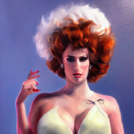 Prompt: texas showgirl, big hair, oil painting, pale colors, high detail, 8 k, wide angle, trending on artstation