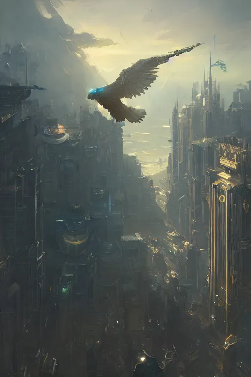 Prompt: robot eagle flying up on the victorian city, extremely detailed digital painting, in the style of fenghua zhong and ruan jia and jeremy lipking and peter mohrbacher, mystical colors, rim light, beautiful lighting, 8 k, stunning scene, raytracing, octane, trending on artstation