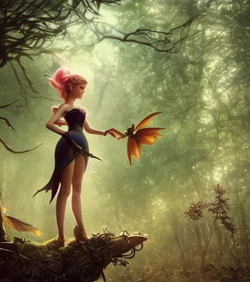 Image similar to evil tinker bell flying in an enchanted forest, flawless symmetrical pretty cute face, greg rutkowski, 8 k, shallow depth of field, intricate detail, concept art,