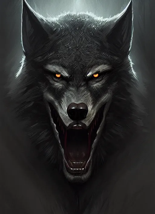 Image similar to symmetry!! portrait of dark grey werewolf, horror, night time lighting, intricate, scary, highly detailed, digital painting, artstation, concept art, smooth, sharp focus, illustration, art by greg rutkowski