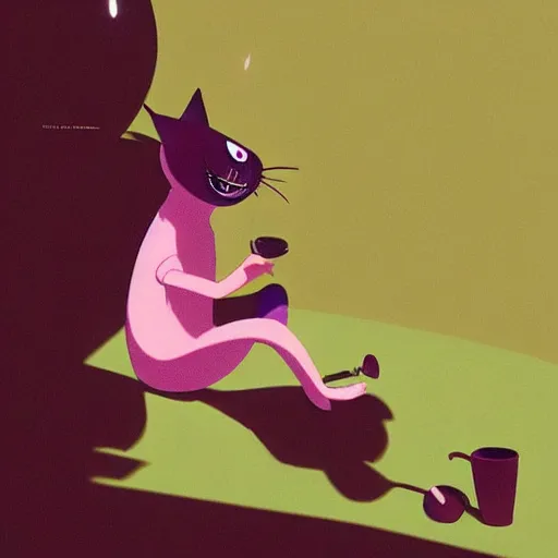 Image similar to cheshire cat drinking tea, in the style of atey ghailan and james gilleard and goro fujita, exquisite lighting, art, very coherent, trending on artstation