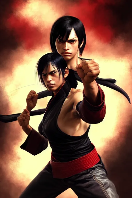 Prompt: Tekken 4 fighter anime Stunning Portrait Rosario Dawson with Karate master uniform, short black hair with a sword on her back in a fighting stance, digital painting, artstation, concept art, soft light, hdri, smooth, sharp focus, illustration, art by tian zi, craig mullins, Mark Arian, WLOP, alphonse mucha