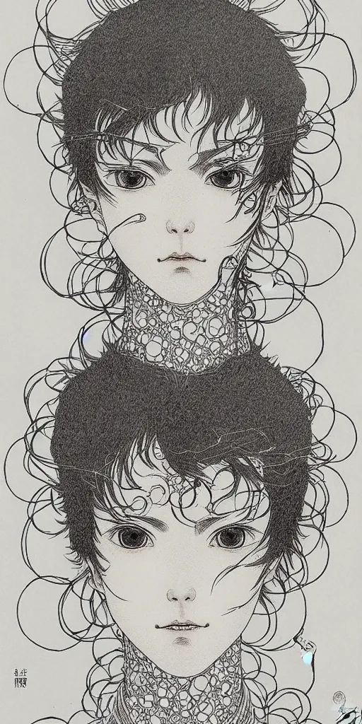 Prompt: prompt: one human Fragile looking character portrait face drawn by Takato Yamamoto and Katsuhiro Otomo, full body character drawing, inspired by Evangeleon, clean ink detailed line drawing, intricate detail, manga 1980, portrait centric composition