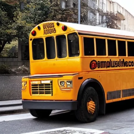 Prompt: a schoolbus shaped like berlusconi's head