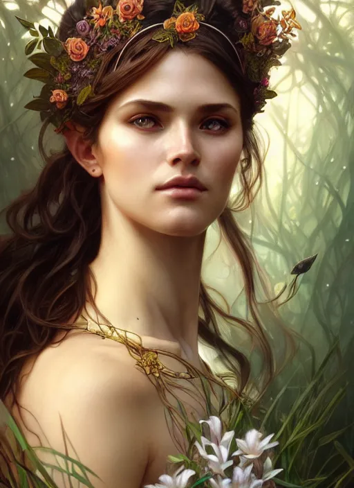 Prompt: portrait of a goddess of nature, half body, perfect face, d & d, fantasy, intricate, elegant, highly detailed, digital painting, artstation, concept art, smooth, sharp focus, illustration, art by artgerm and greg rutkowski and alphonse mucha