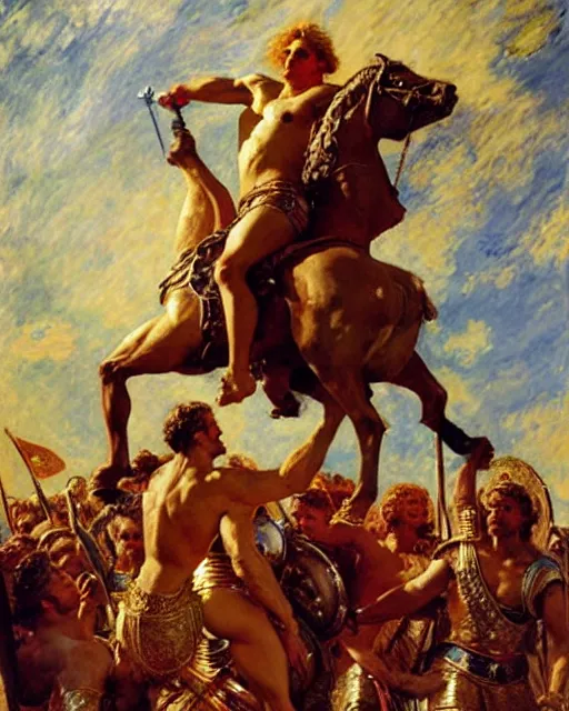 Image similar to heroic alexander the great stands upon the mighty and fallen achilles, he is victorious and gleeful, painting by tom of finland, gaston bussiere, craig mullins, j. c. leyendecker, claude monet