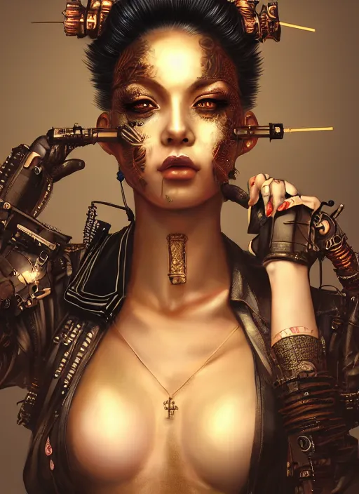 Image similar to soft lustrous ebony geisha seductive raver gutter punk steampunk cyborg, yakuza, golden ratio, details, scifi, fantasy, cyberpunk city, intricate, decadent, highly detailed, octane render, digital painting, artstation, concept art, sharp focus, illustration, art by artgerm, loish, wlop
