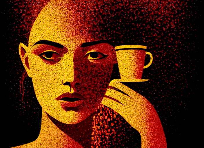 Image similar to portrait of a heroine drinking coffee, colorful,vivid, Mads Berg, Karolis Strautniekas,small finely stippled light, cinematic lighting,fine texutre, editorial illustration, detailed, moody, dynamic composition,perspective