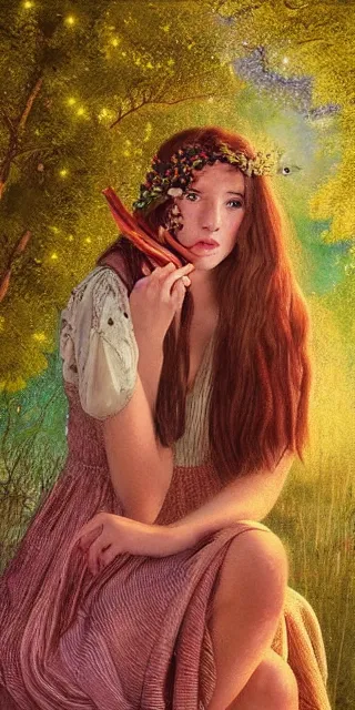 Image similar to an amazed young woman looking at golden firefly lights in a mesmerizing scene, sitting amidst nature fully covered, intricate detailed dress, long loose red hair, precise linework, accurate green eyes, small nose with freckles, smooth oval head, empathic, expressive emotions, hyper realistic ultrafine portrait by artemisia gentileschi, jessica rossier, artgerm