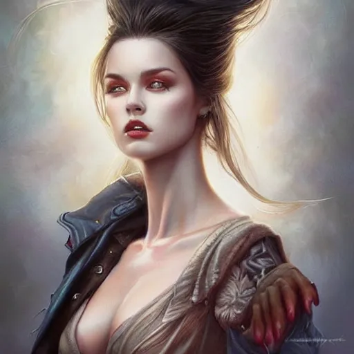 Prompt: half - electric striking warrior woman!!!, adorable, elegant and pretty face, slick hair, realistic shaded perfect face, outstanding details, realistic shaded lighting, dynamic background, artgerm, tom bagshaw, 8 k ultra - realistic, highly detailed, kan liu
