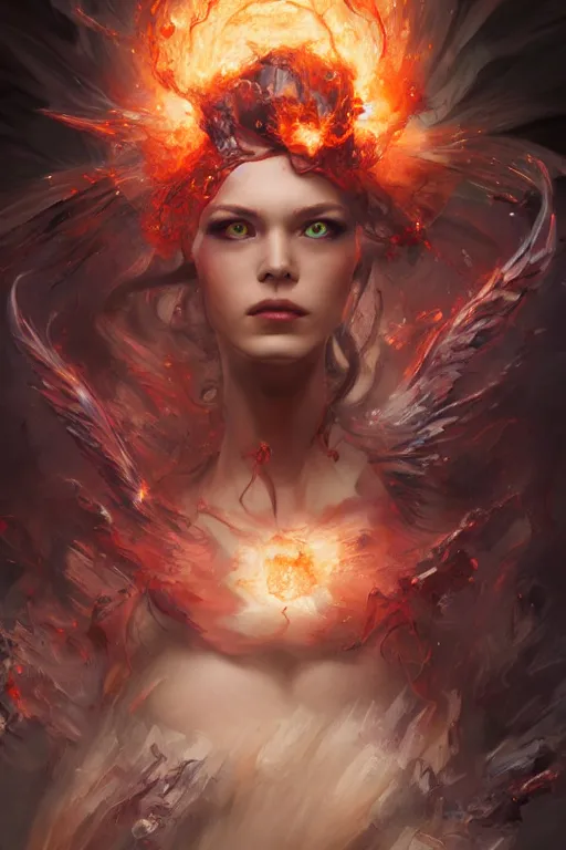 Image similar to model wearing exploding fire electricity and blood, sorcerer, diamonds, angel, fantasy, dramatic lighting, highly detailed, digital painting, holding electricity, magic the gathering, hyper detailed, 3 d render, hyper realistic detailed portrait, peter mohrbacher, wlop, ruan jia