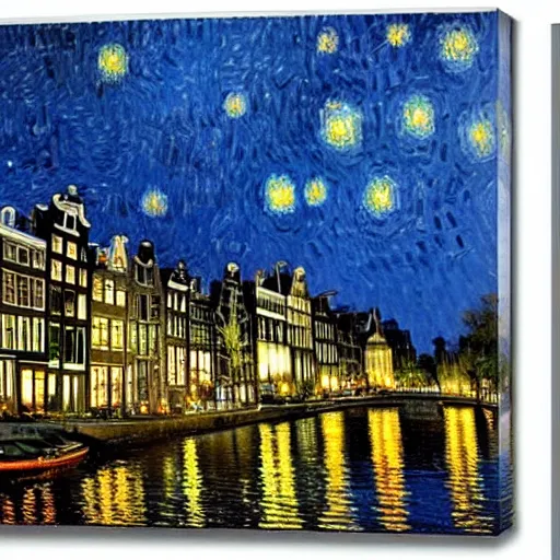 Image similar to amsterdam by night, oil on canvas by Van gogh