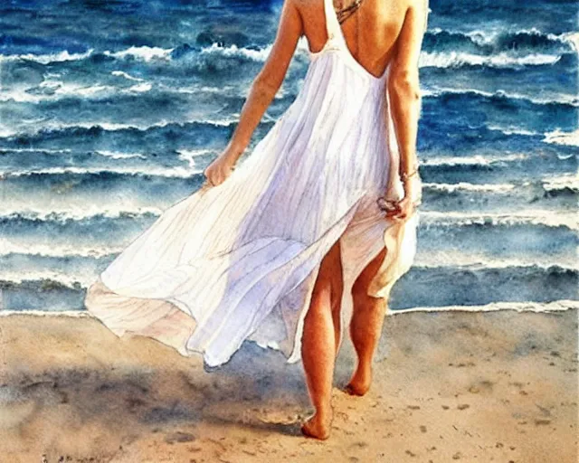Image similar to a photorealistic watercolor of a woman with translucent white dress walking by the beach, by Steve Hanks, highly detailed and realistic, intricate HD, emotional realism