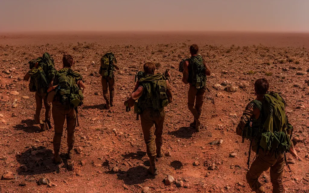 Prompt: in a dusty red desert, a team of five future soldiers in dark green tactical gear like death stranding hike. They 're afraid. mid day, heat shimmering, color, 35mm film photography. a bright sun flares in the camera