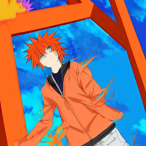 Prompt: orange - haired anime boy, 1 7 - year - old anime boy with wild spiky hair, wearing blue jacket, running past colorful building, red - yellow - blue colored building, turquoise aquamarine windows, strong lighting, strong shadows, vivid hues, ultra - realistic, sharp details, subsurface scattering, intricate details, hd anime, 2 0 1 9 anime