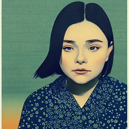 Image similar to “ chloe grace moretz portrait by ikenaga yasunari and ayana otake and ko rakusui, 6 0 s poster, drawing, realistic, sharp focus, japanese, dreamy, nostalgia, faded, golden hues, floral clothes, porcelain skin ”