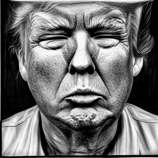 Image similar to Donald Trump's mugshot, crying, by Lee Jeffries, inking,