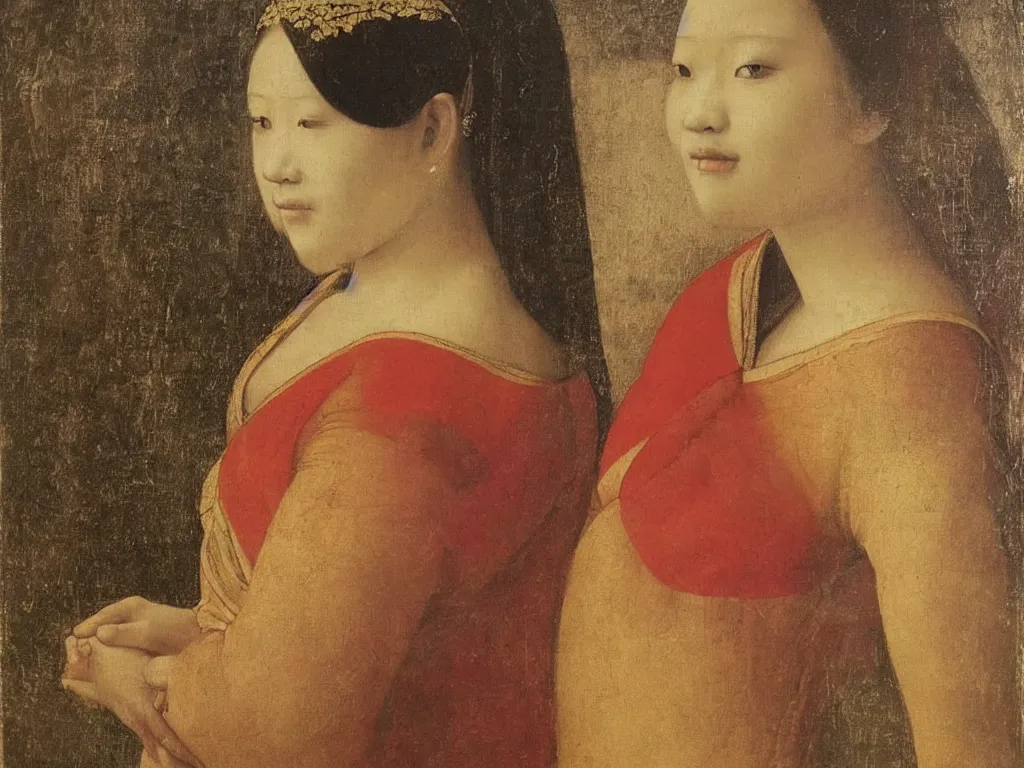 Image similar to portrait of a young woman in thai traditional costume. painting by leonardo da vinci