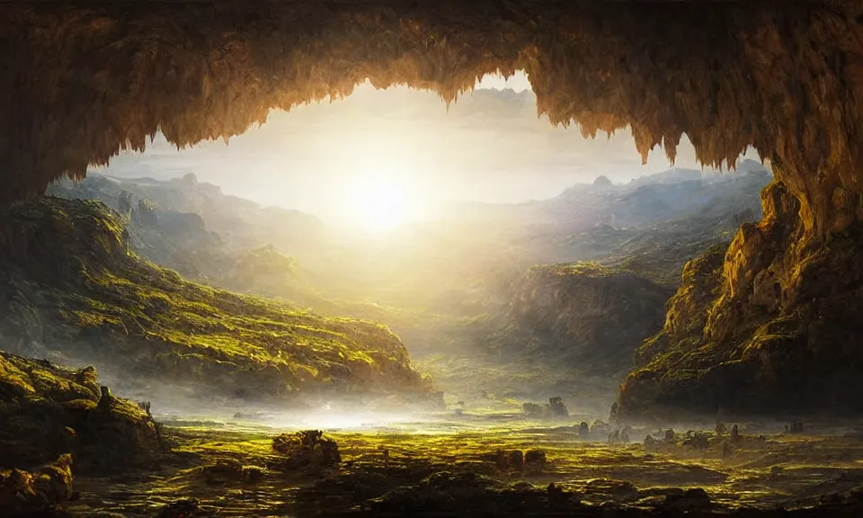 Image similar to the most beautiful panoramic landscape, oil painting, huge and majestic city underground, in a giant cave with a floating sun, epic, vast, cinematic lighting, highly detailed, very realistic