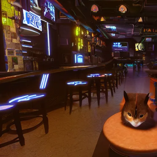 Prompt: in a futuristic cyberpunk city, a cat wearing a backpack sleeps on a barstool at a bar, cgisociety, unreal engine, render, atmospheric,