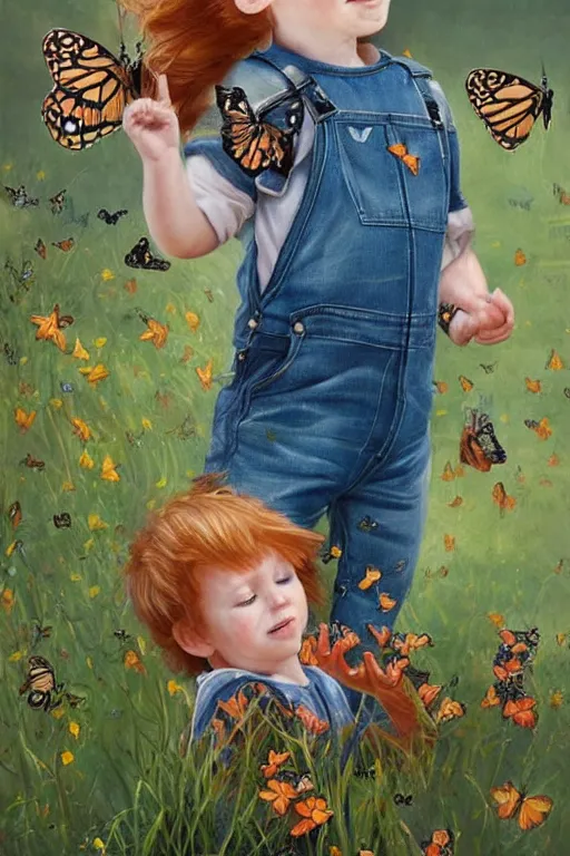 Prompt: a three year old boy with ginger hair wearing denim overalls chasing butterflies. clean elegant painting, beautiful detailed face, lots of butterflies. by artgerm and greg rutkowski and raymond swanland