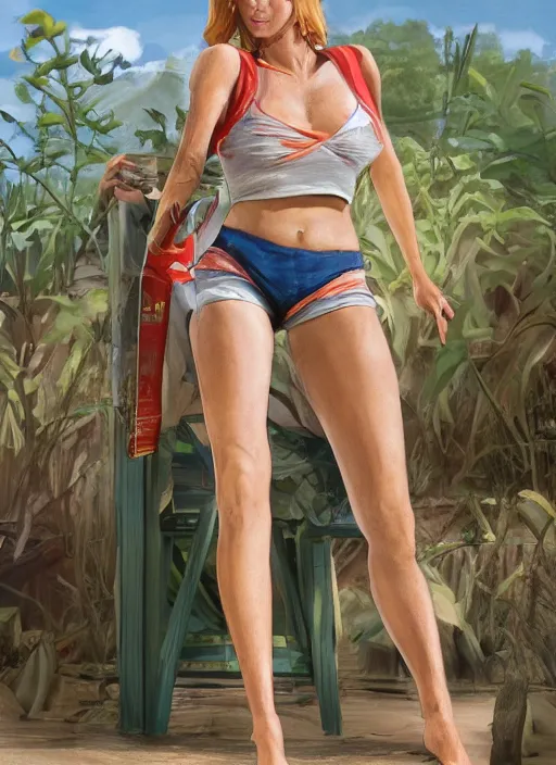 Image similar to , a gorgeous hulking woman with very long hip-length blonde hair, happy sunny day, wearing a cut-off white top and red dirt cut-off shorts standing by the water, beach tennis, modern architecture, in the style of artgerm and moebius and annie liebovitz, marvel comics, photorealistic, highly detailed, trending on artstation, Gediminas Pranckevicius