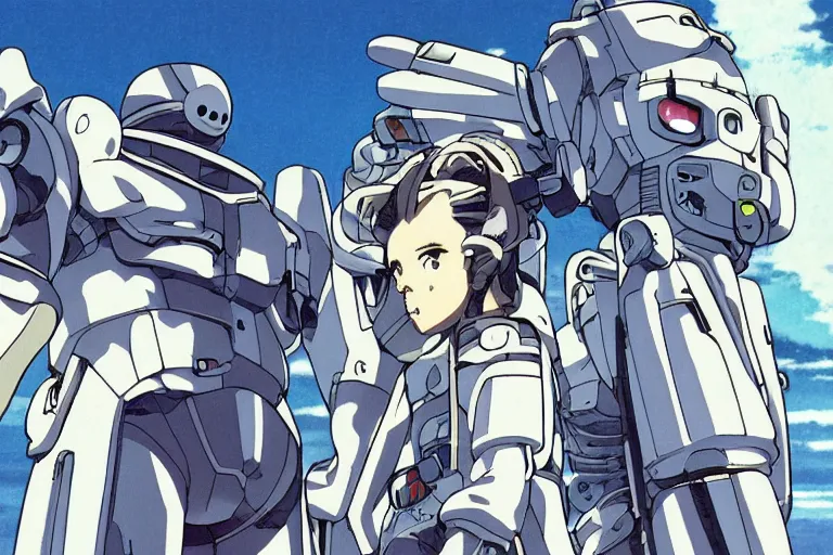 Image similar to still from anime sci-fi movie by Studio Ghibli, illustrated by Masamune Shirow