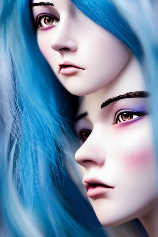 Image similar to hd photograph of a pretty girl with blue hair, close up portrait, skin texture, in the style of ilya kuvshinov, dramatic lighting, fantasy, intricate, elegant, highly detailed, lifelike, photorealistic, digital painting, bokeh, hdr, high resolution, unsplash, smooth, sharp focus, art by krenz cushart and albert aublet