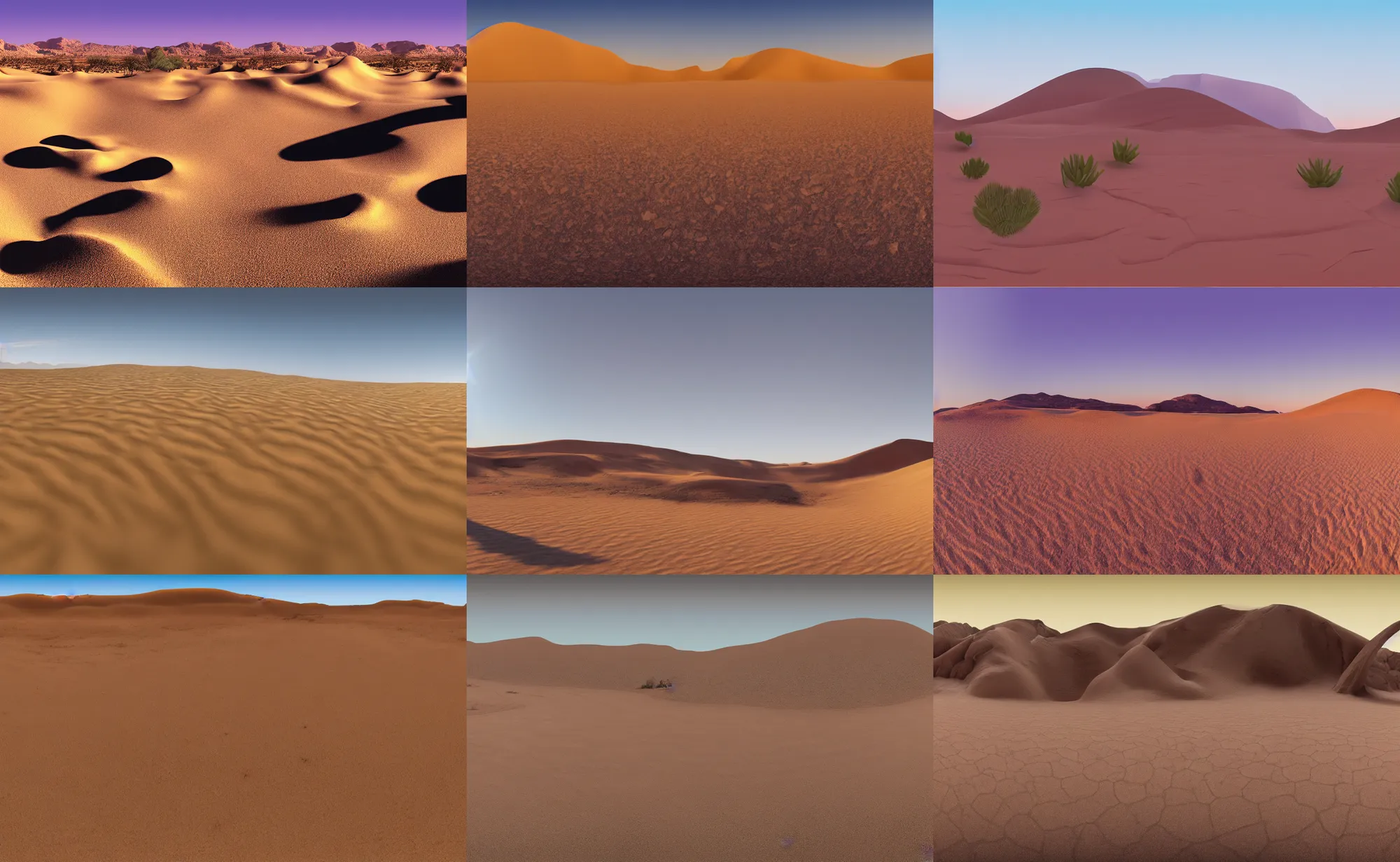 Prompt: a sidescroll game panorama of a desert, very stylized, gradients and soft light, cell shading