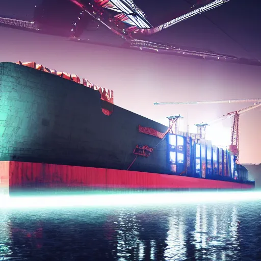 Image similar to photo of Immense industrial futuristic cargo ship arrives at cyber punk city sea port, cinematic lighting, photo