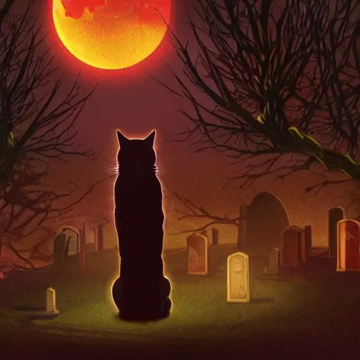 Image similar to an ultradetailed animation of a black cat in graveyard at midnight halloween tattoo, digital art, dark fantasy, concept art, soulslike, by alphonse mucha, blood moon eclipse, ruined building in the background, artstation, 8 k, unreal engine render