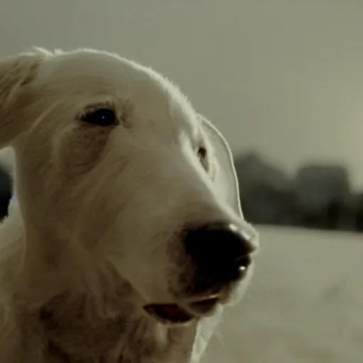 Prompt: movie still of white swiss shepperd dog cyborg, cinematic composition, cinematic light, criterion collection, by edgar wright