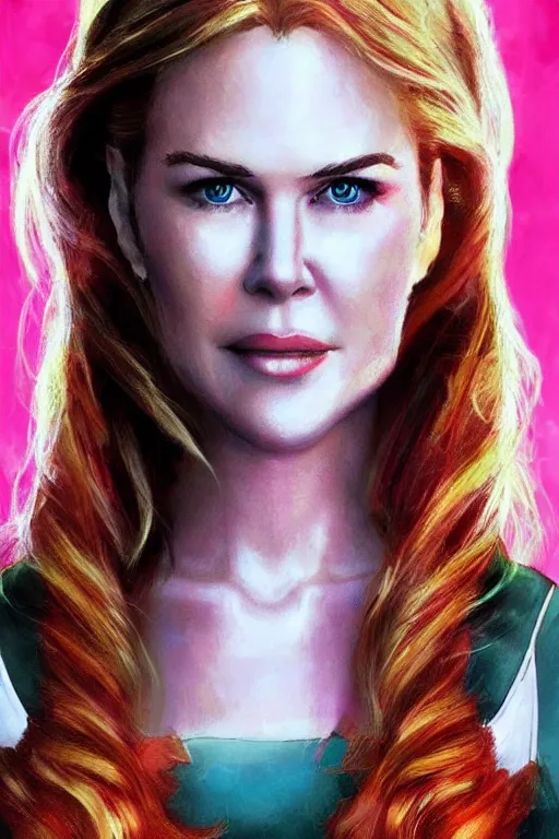 Image similar to portrait of a mix of beautiful young nicole kidman, maria shriver, mariel hemmingway, brooke shields and elle macpherson as supergirl, thin lips, hair tied up in a pony tail, colorful artstation, cgsociety