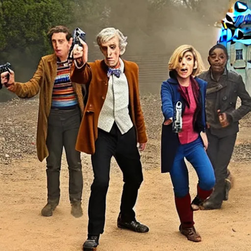 Prompt: Doctor Who shows everyone how cool he looks holding guns