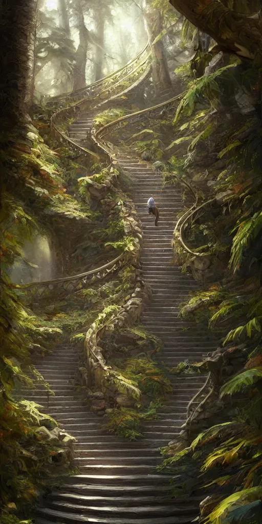 Image similar to a man walking up a steep and winding staircase, in beautiful woods, intricate, elegant, highly detailed, oil painting, artstation, concept art, sharp focus, beautiful illustration, society, by justin gerard and artgerm, 4 k