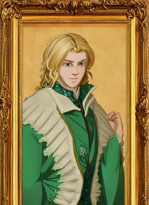 Image similar to portrait of a smiling blond handsome man with long hair and green eyes in baroque art, anime inspired, High Res 8K,hyperdetailed