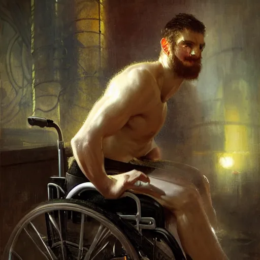 Image similar to handsome portrait of a wheelchair guy fitness posing, radiant light, caustics, war hero, one legged amputee, by gaston bussiere, bayard wu, greg rutkowski, giger, maxim verehin