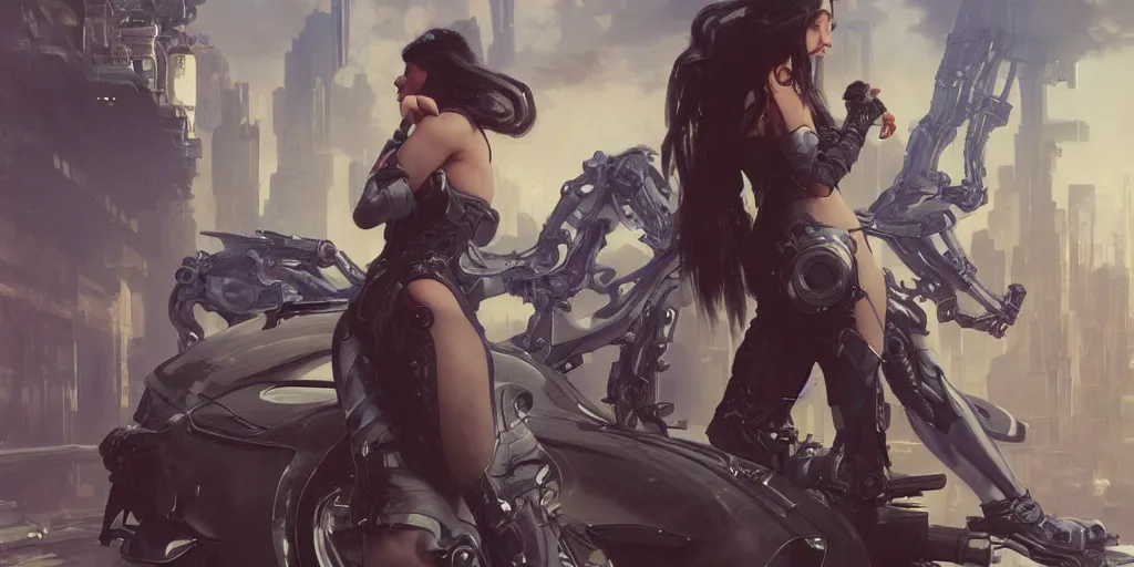 Image similar to a beautiful girl in a cyberpunk costume is standing near ford mustang. masterpiece 4k digital illustration by Ruan Jia and Mandy Jurgens and Artgerm and william-adolphe bouguereau, award winning, Artstation, art nouveau aesthetic, Alphonse Mucha background, intricate details, realistic, panoramic view, Hyperdetailed, 8k resolution, intricate art nouveau