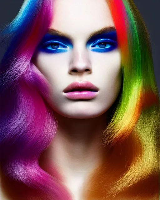 Image similar to dynamic Pantene hair flip, color interference, high fashion photograph, perfect porcelain skin, By Steven Meisel, WLOP, Felipe Pantone