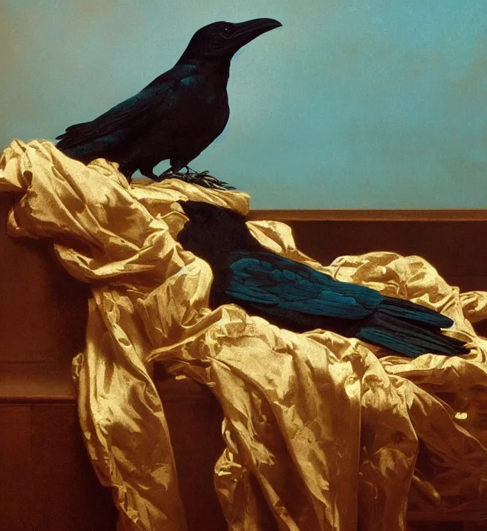 Image similar to a beautifully photoreal clear detailed victorian portrait of a close up raven on a victorian windowsill with an ornate velvet dark teal curtain at beautiful sunset daytime nature sunlit painting by frederic leighton and turner and morris and rosetti, humerous, cheeky, 8 k, octane render