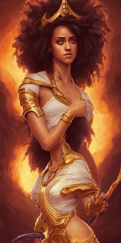 Image similar to goddess, played by Nathalie Emmanuel, league of legends, intricate, highly detailed, digital painting, hyperrealistic, artstation, concept art, smooth, sharp focus, illustration, Unreal Engine 5, 8K, art by artgerm and greg rutkowski and alphonse mucha, by Jesper Ejsing